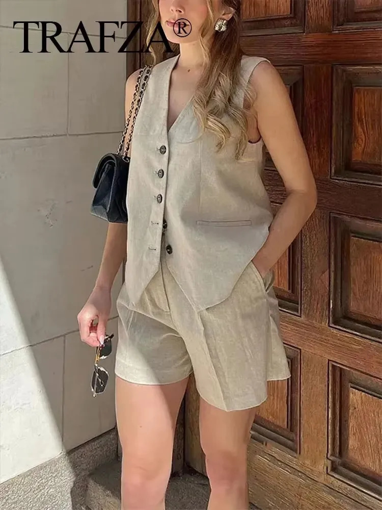 TRAFZA Summer Womens Casual Retro Solid Pants Set Button Waist Coat Tank Top Shorts Cotton Linen Clothing 250320
