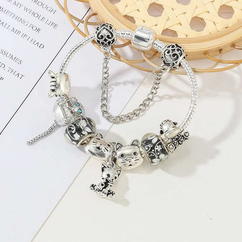 Animal Beads Bracelet With Silver Color Cat Dangle Charm Bracelet Bangle For Women Kids Men Jewelry Gift Dropshipping