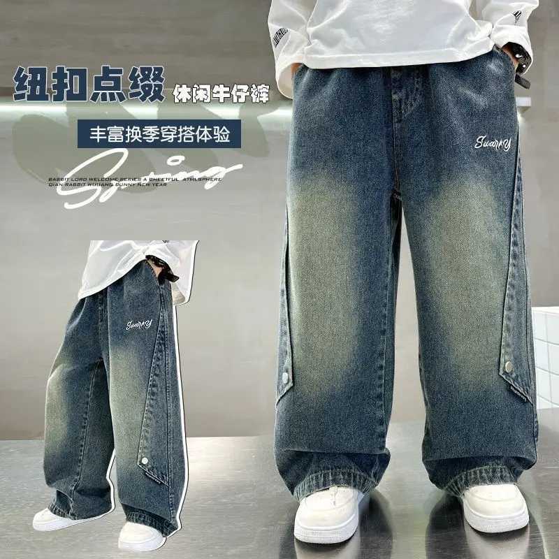 Teenage boys cargo jeans for spring and autumn new childrens wide leg denim pants large childrens straight spring jeans A78T250326