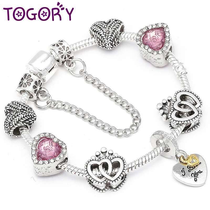 I LOVE YOU Pendant Charms Bracelet with Crystal Glass Beads Fit Snake Chain Brand Bracelets For Women Jewelry Pulseira