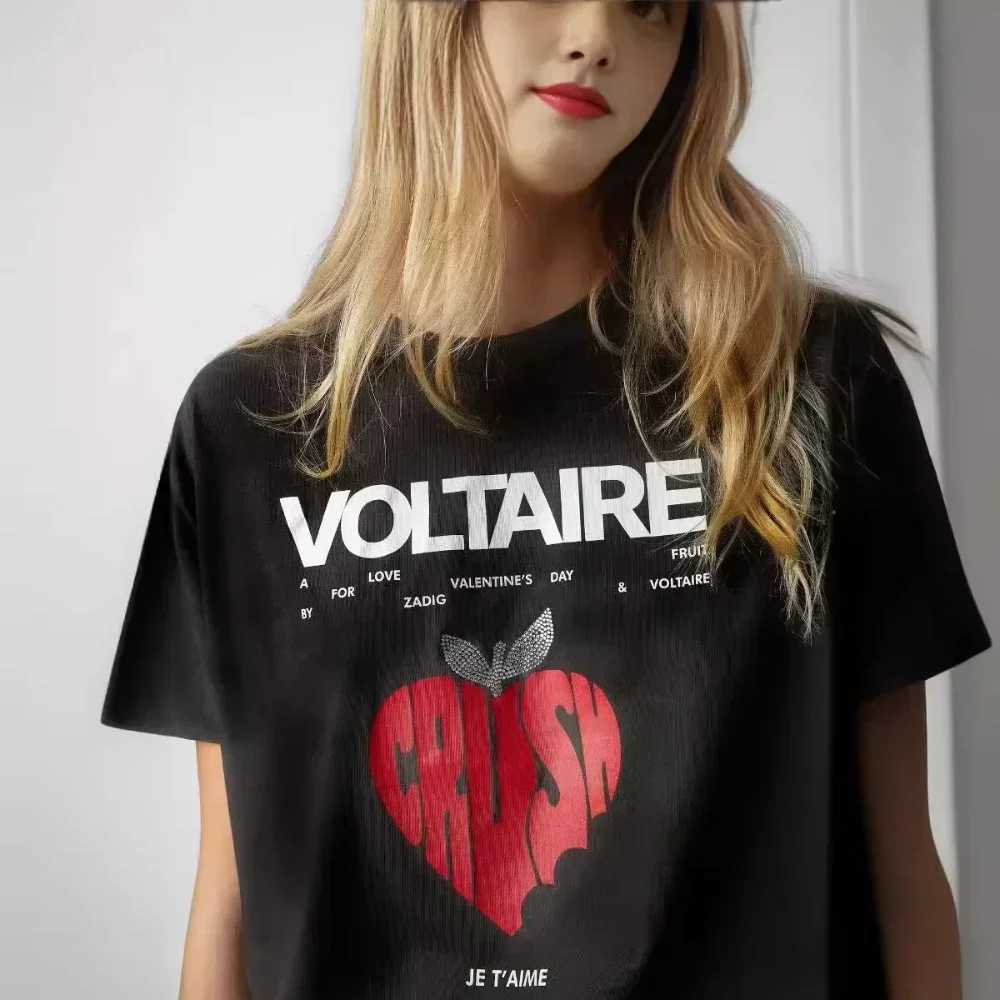 2025 New Spring/summer French Niche ZV Back Letter Apple Love Printed Round Neck Womens Short-sleeved T-shirt Womens ClothingT250320