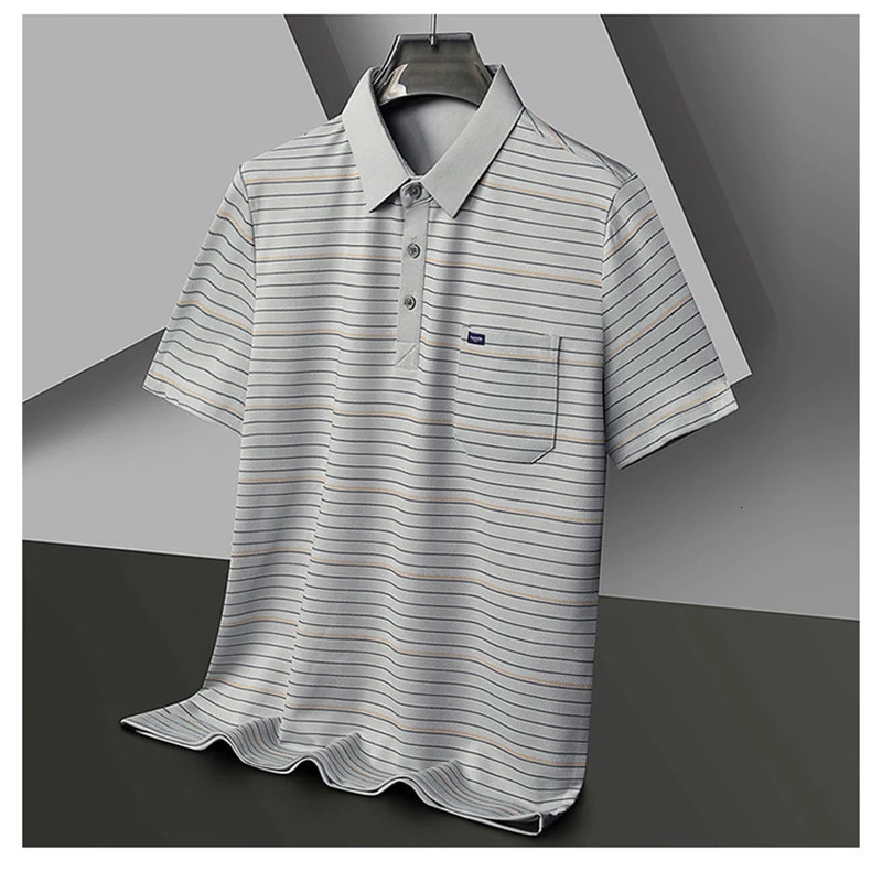 Summer Short Sleeve Mens Polo Shirt Striped Casual Chest Pocket n Man Polos T-shirt Business Golf Clothing Top Quality 250320