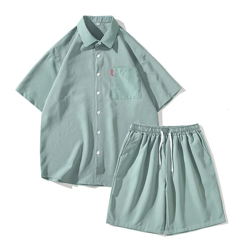 Summer Mens Casual Set Japanese Solid Color Simple Loose Short sleeved Shirt Shorts Two piece 250317
