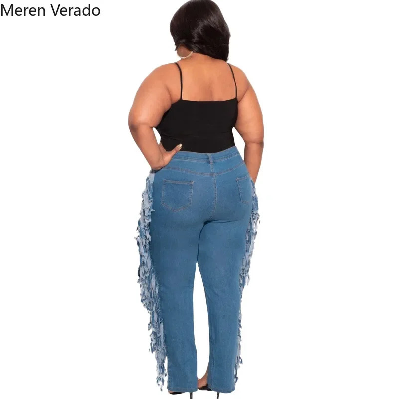 Meren Verado XL-5XL Washed Plus Size Women High Waist Hole Side Tassel Sexy Streer Jeans Women Autumn Denim Pencil Long Pants 250319