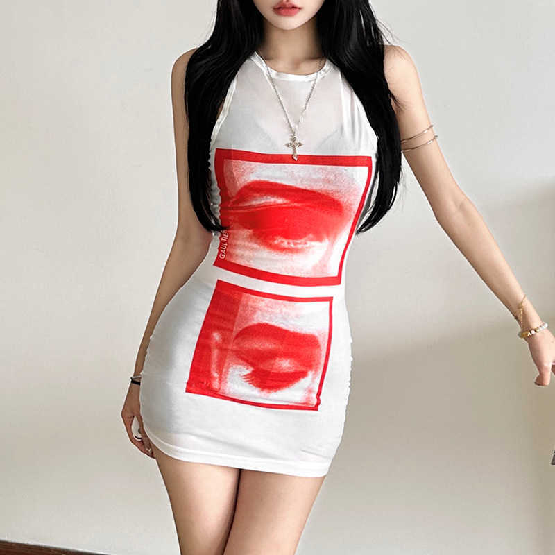 Autumn/Winter New Product Women's Jennie Same Style Perspective Fashion Spicy Girl Tight Printed Sleeveless Top 250315