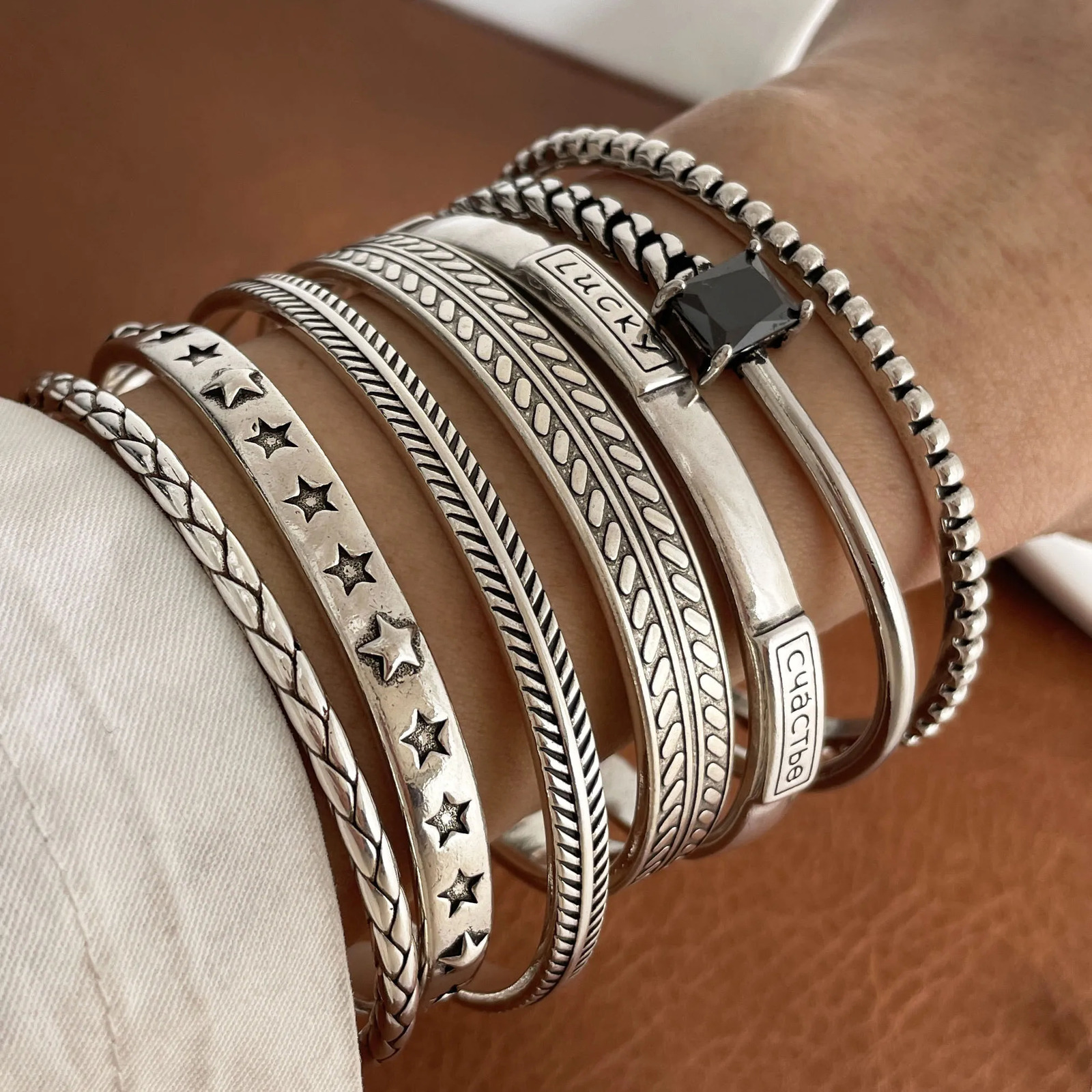 100% Solid 925 Sterling Silver Metal Bracelet for Women Vintage Handmade Simple Retro Black Stone Bracelet Birthday Gift Party 250320