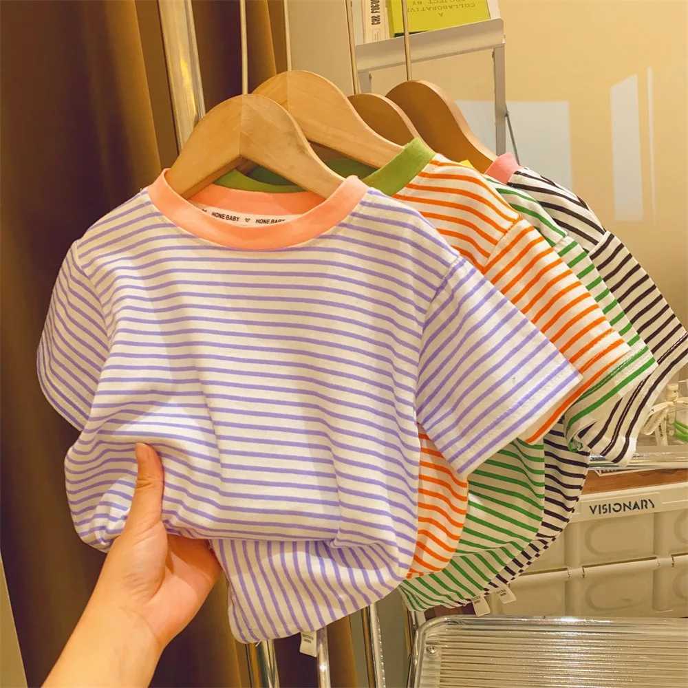 Childrens short sleeved boys and girls 2024 summer new striped T-shirt baby thin half sleeved bottom shirt casual wearT250320