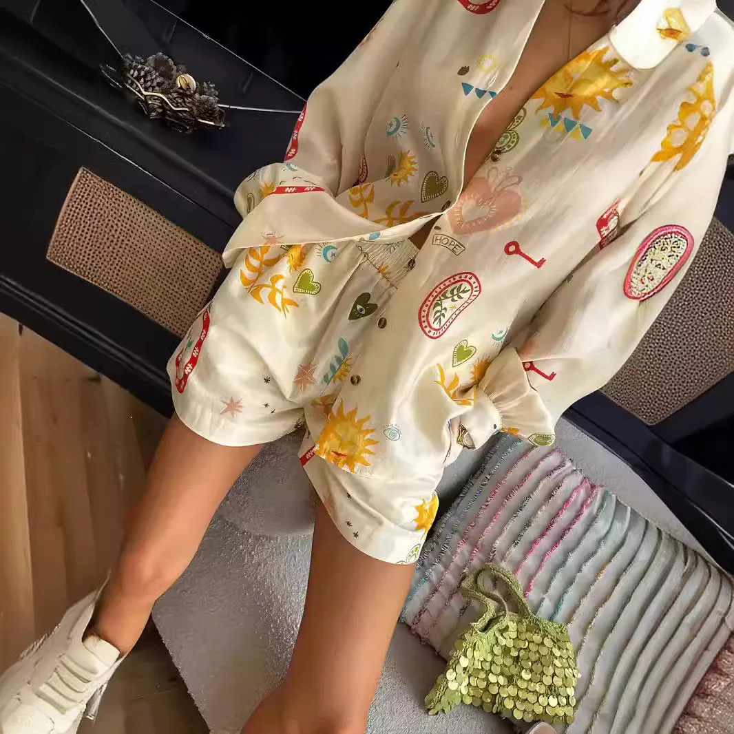Womens fashion elastic waist two-piece set elegant floral print lapel long sleeved shorts set casual holiday set 250318