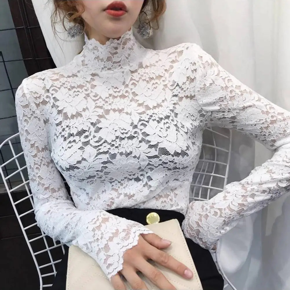 Women Blouse Half High Collar Long Sleeves Lace Top See-Through Slim Lace Crochet Patchwork Hollow Lady Tee Top Streetwear 250320