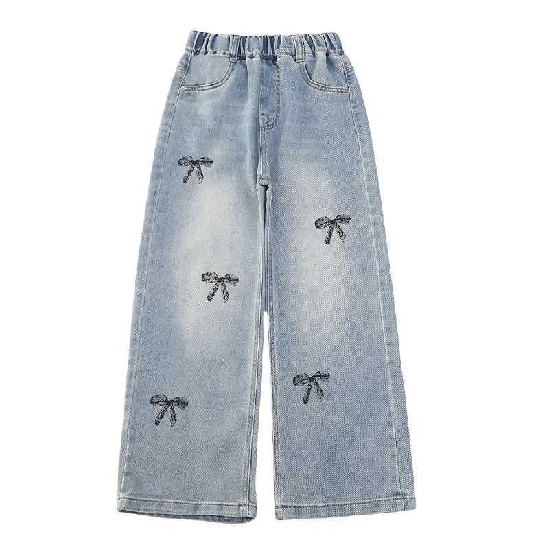 New Spring Autumn Kids Jeans with Bows For Girls High Street Straight Cut Denim Pants For Teens Child Casual Jeans Trousers 5-14T250326