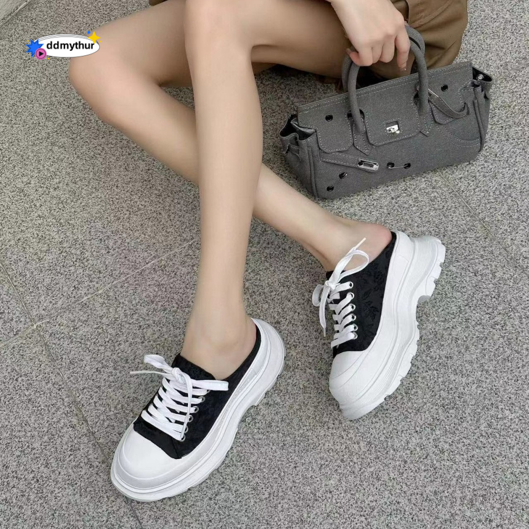 Chinese style canvas s with sponge cake soles women's s, new print for summer 2024, casual lace up, increased height, lightweight and breathable 