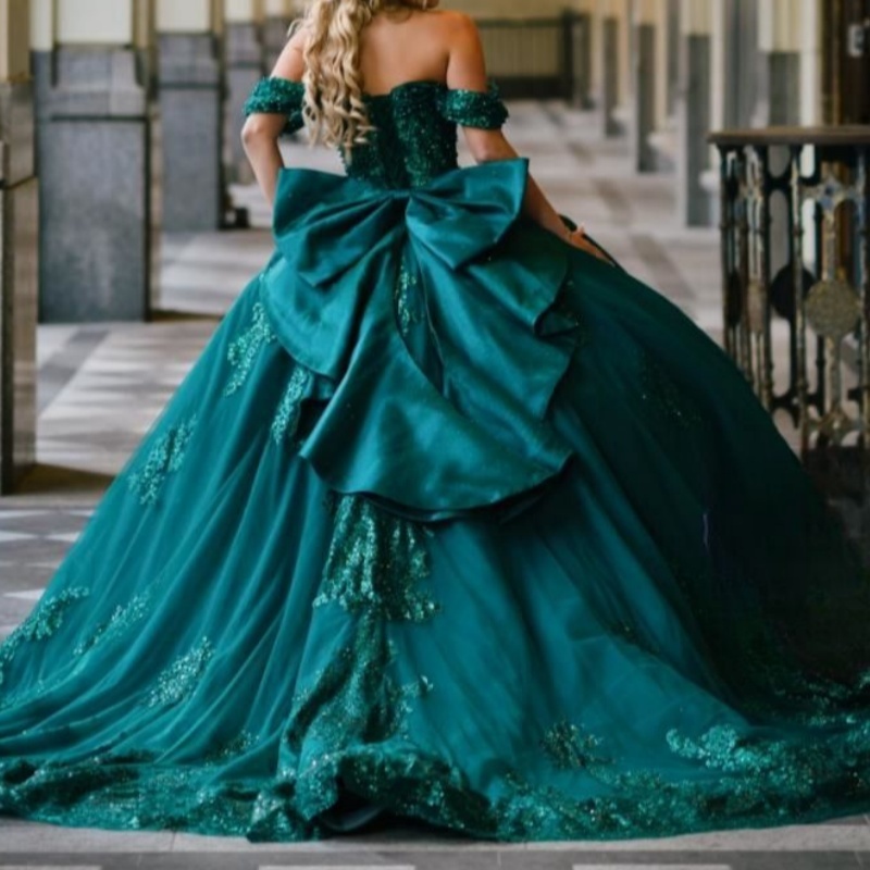 Blackish Green Quinceanera Dresses Ball Gown Sequin Lace Applique Beading Bow Corset Sweet 16 Dress Vestido De 15 Anos