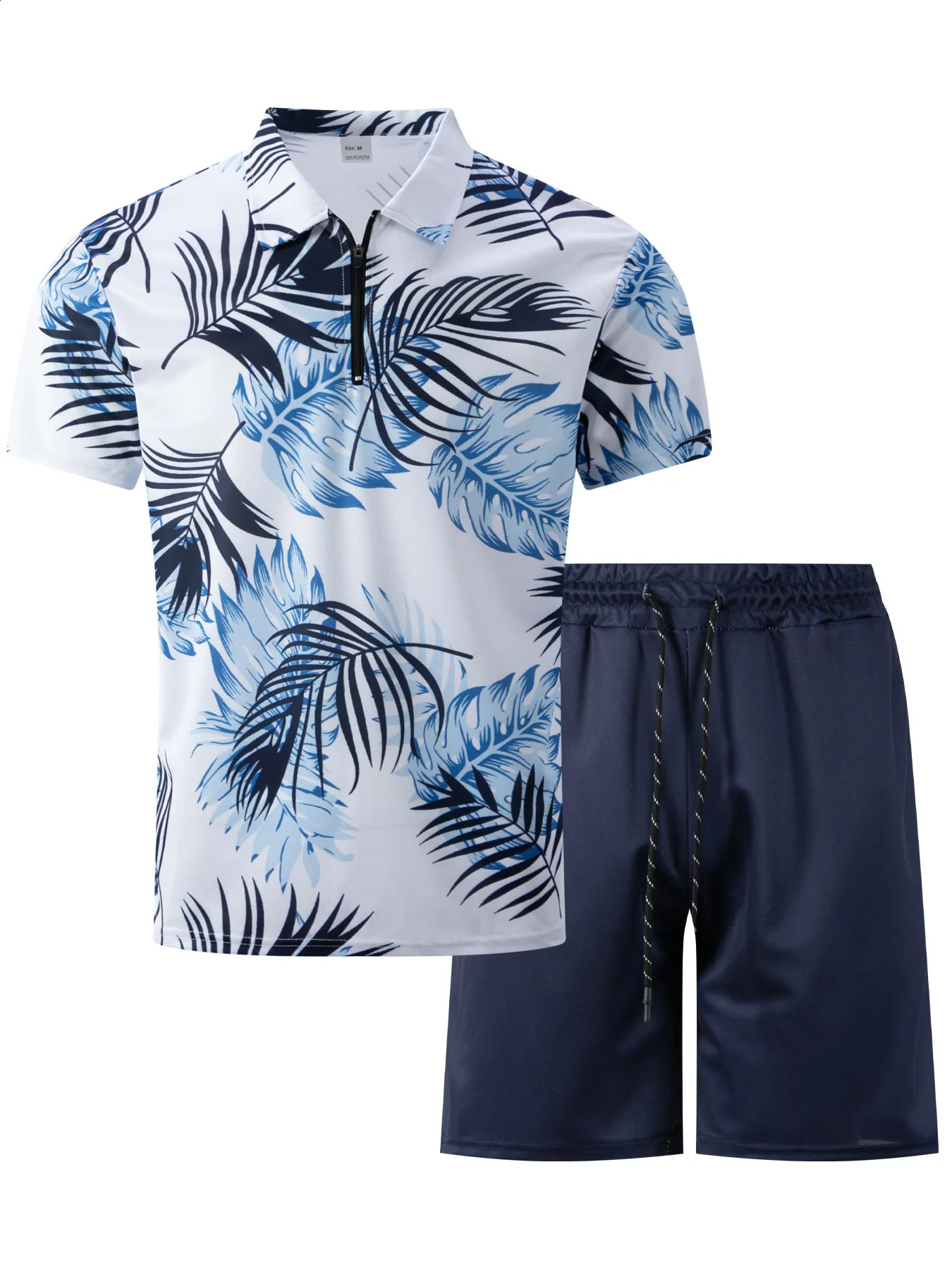 Cross-border Beach Mens European and American Digital Printed Zipper Short-sleeved POLO Shirt Shorts Set Short Sets 250319