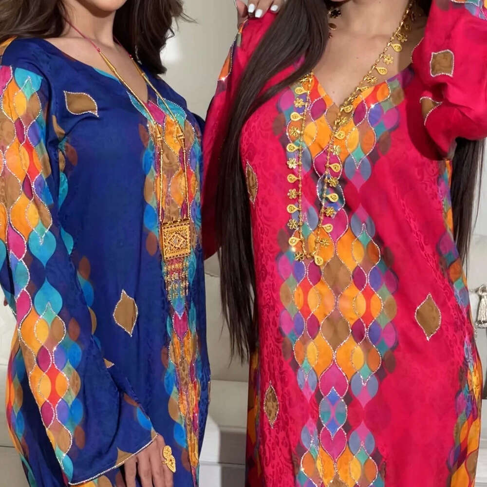Ab396 Muslim Printed Rhinestone V-Neck Elegant Sleeved Dress Women's Long Skirt Robe