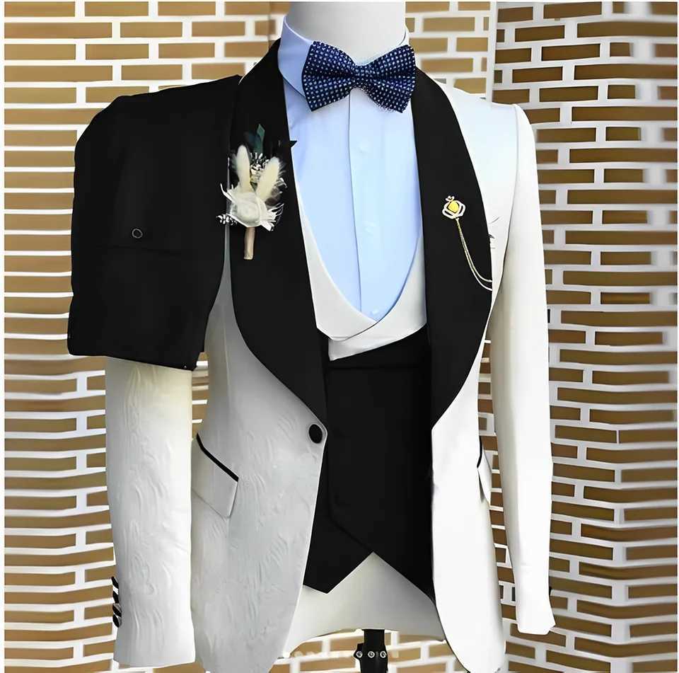 Elegant white jacquard mens wedding dress formal jacket vest pants 3-piece beauty tailcoat custom mens fashion clothingXJ250320