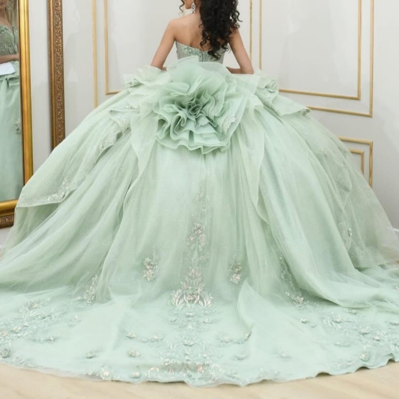 Mint Green Shiny Off Shoulder Quinceanera Dresses Applique Lace Beads Tull Corset Party Birthday Sweet 16 Dress Vestidos 15 De anos