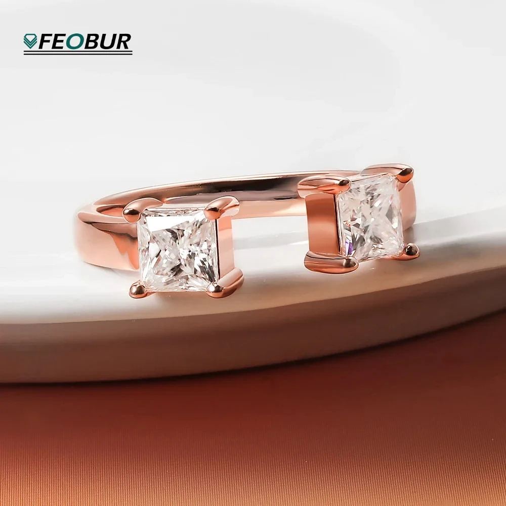 FEOBUR 1cttw 4.5mm Princess Cut Moissanite Rings 100% 925 Sterling Silver Adjustable Open Engagement Wedding Ring for Women Gift