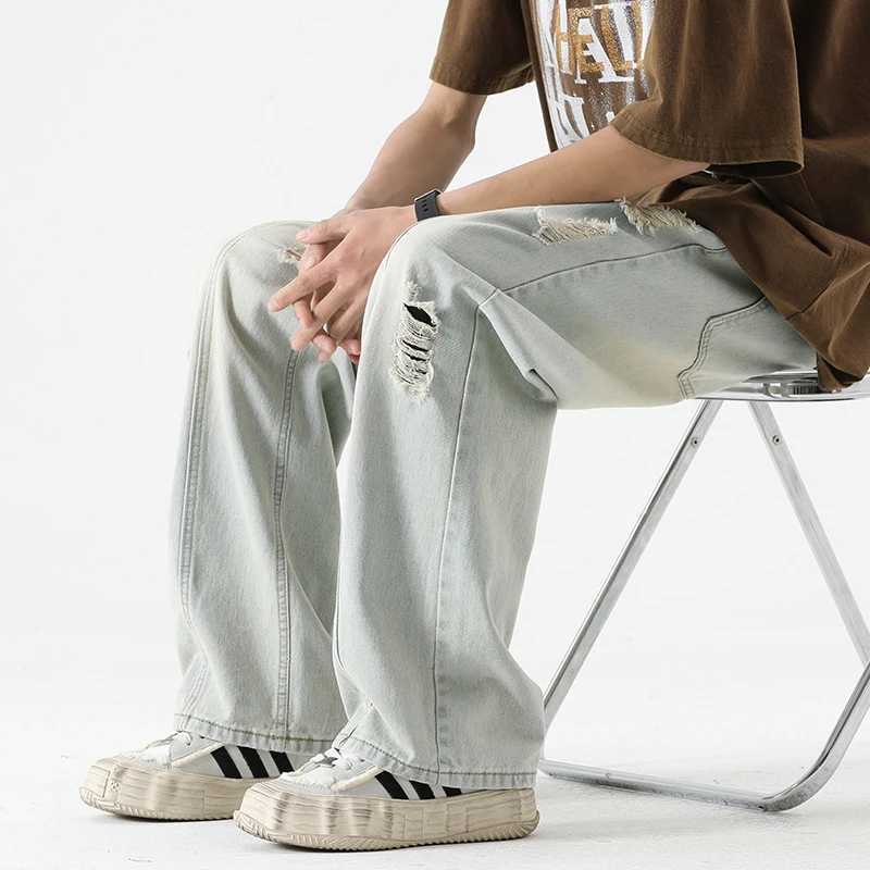 Mens summer ripped jeans loose straight leg retro mens drawstring port fashion brand fully matched casual pantsT250319