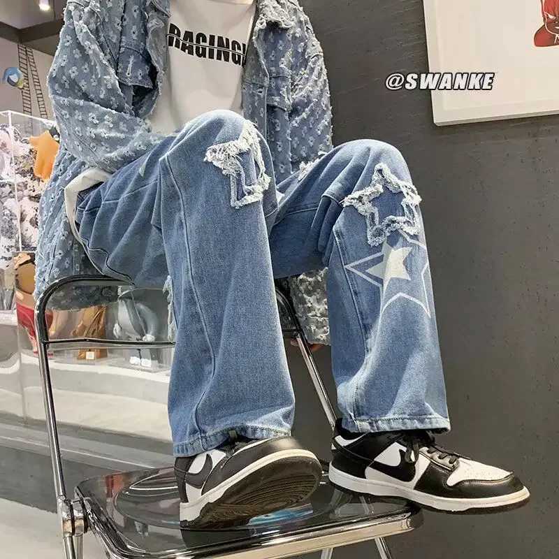 Neutral Wide Leg Jeans Mens New Hip Hop Baggy Denim Trousers Loose Straight Man Jeans Asthetic Male Jeans Pants for Boy CasualT250319
