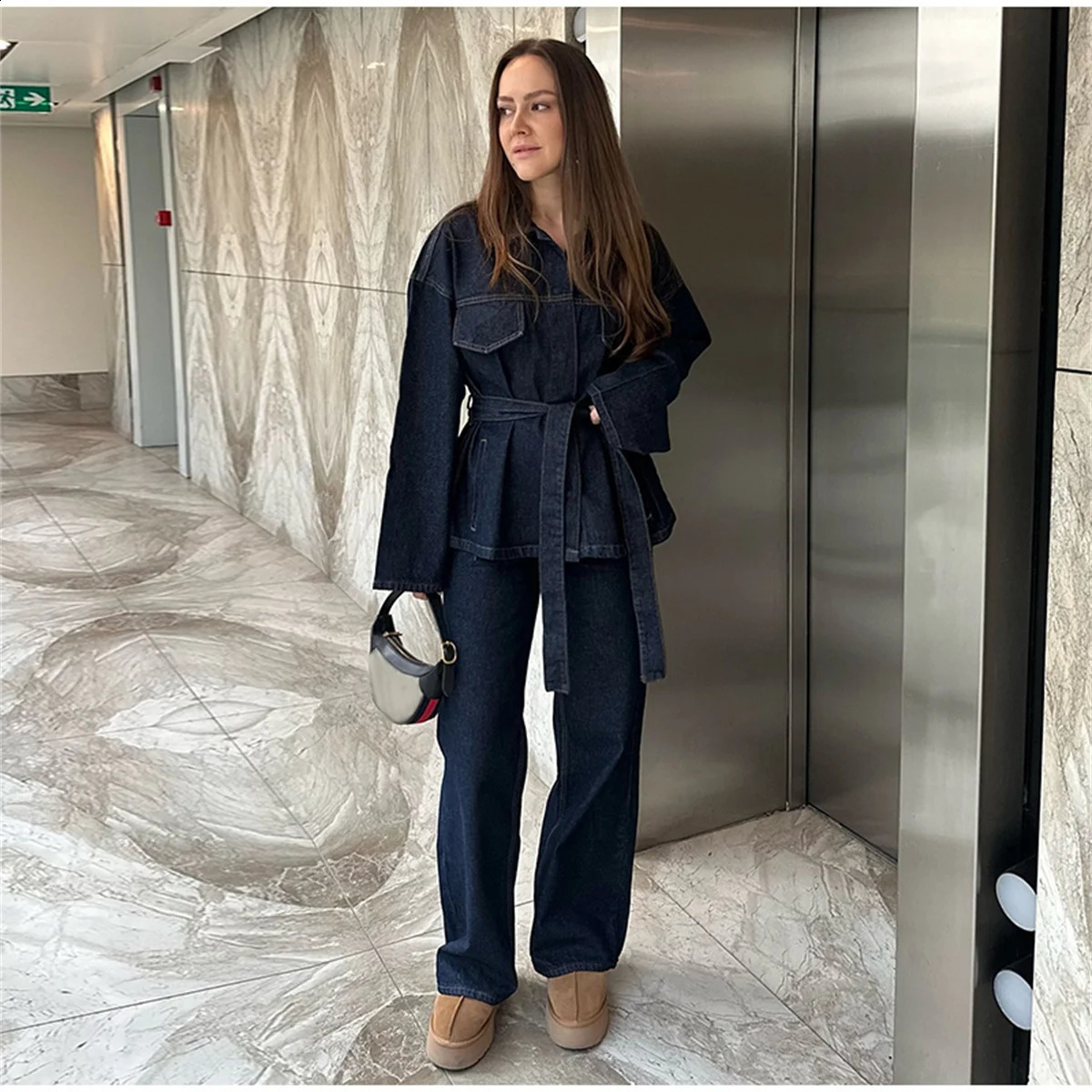 Retro belt denim jacket pants set womens lapel single chest pocket straight jeans 2025 spring streetwear 250319