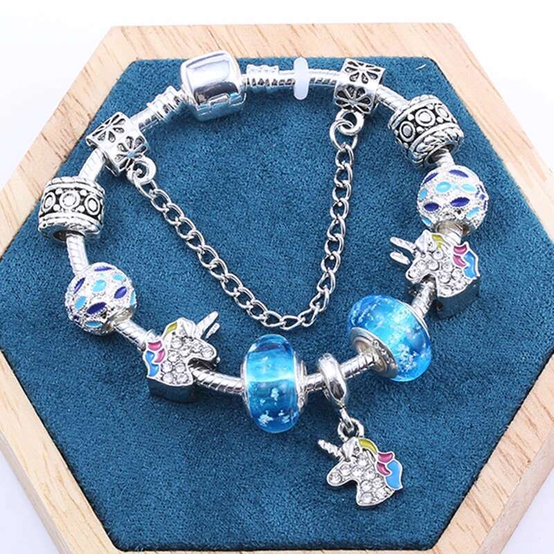 2024 New Cute Blue Crystal Unicorn Charm Bracelet Silver Color Luminous Beads Bracelets for Women Girl Fashion Jewelry Gift