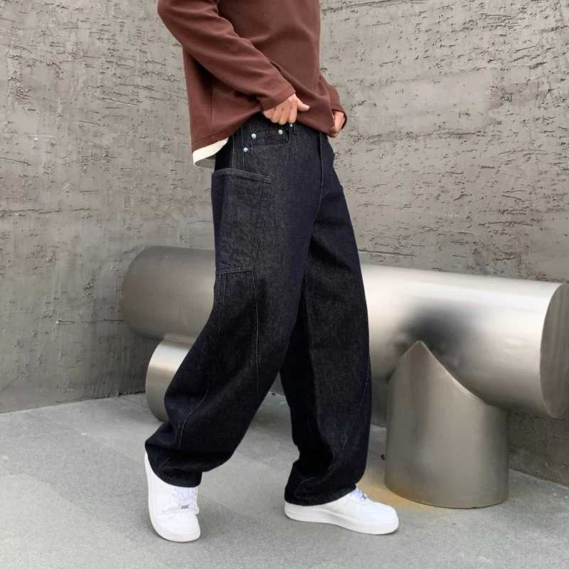 Durable black denim jeans mens flat wide legs pockets denim bottom mens classic work pantsT250319