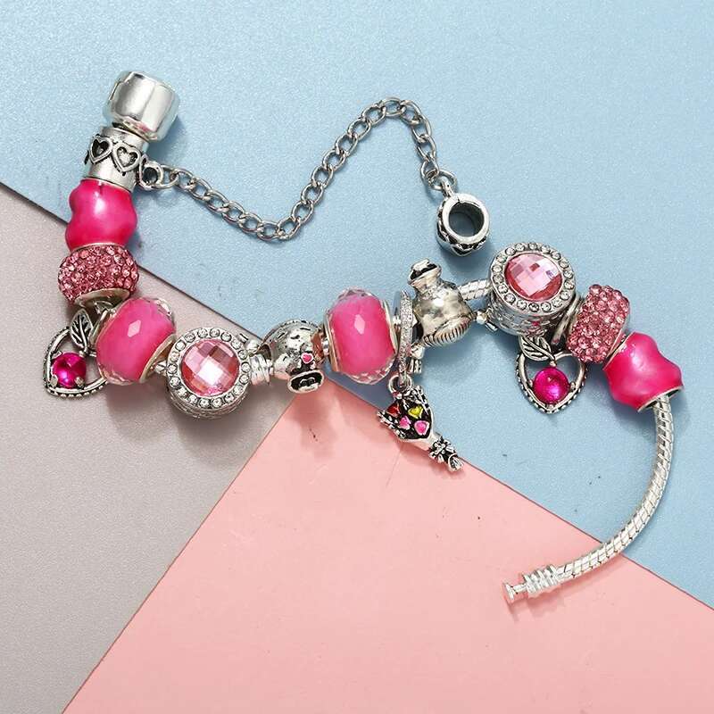 Romantic Pink Crystal Heart Bracelets With DIY Brand Bracelets Bangles For Women Men Fiancee Bijoux Pulseras Jewelry Gift