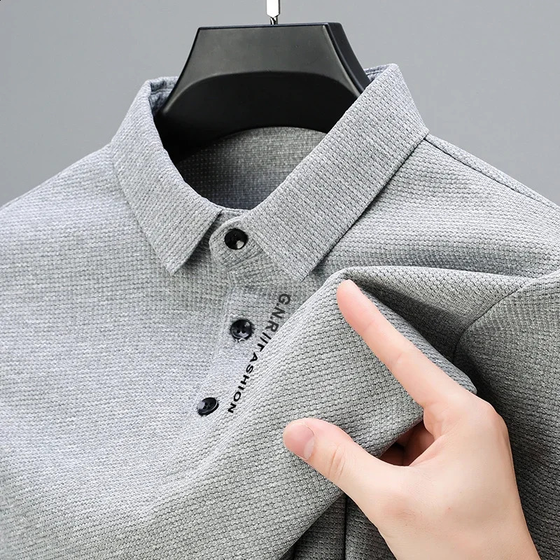 Mens Waffle Long Sleeved POLO Shirt with Letter Printed Lapel Casual Top 250319
