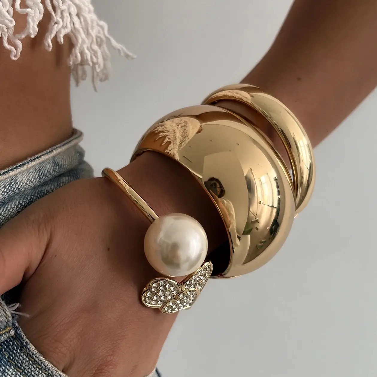 Ingemark 6 Styles Vintage Hip Hop Pearl Beads Open Cuff Bangles Women Punk Gold Color Rhinestone Bracelet Men Jewelry 250320