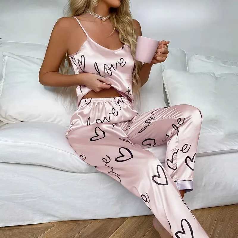 Summer Women Satin Silk Pajamas Sets Print Cami Vest Shirt With Trouser Sleepwear Ladie Sexy Pajama Lingerie Pyjamas NightwearC250319