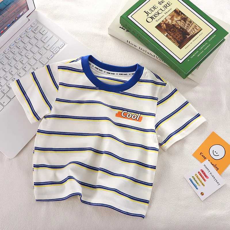 2025 childrens short sleeved boys and girls summer new striped T-shirt baby thin half sleeved bottom shirt casual wearT250320