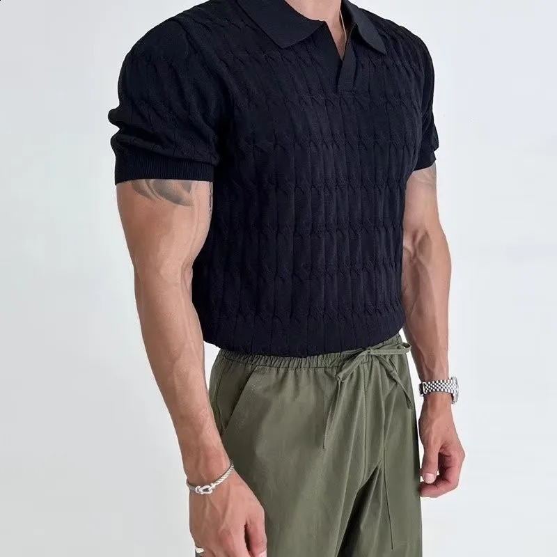 Summer Clothing Mens Knitted Jacquard Skinny Polo Shirt Korean Breathable Leisure V Neck Short Sleeve Knitwear 250319