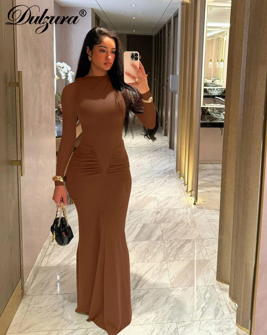 Dulzura Elegant Solid Long Sleeve Maxi Dress Bodycon Ruched Simple Women Clothes Cocktail Evening Party Dresses Y2K Wholesale 250319