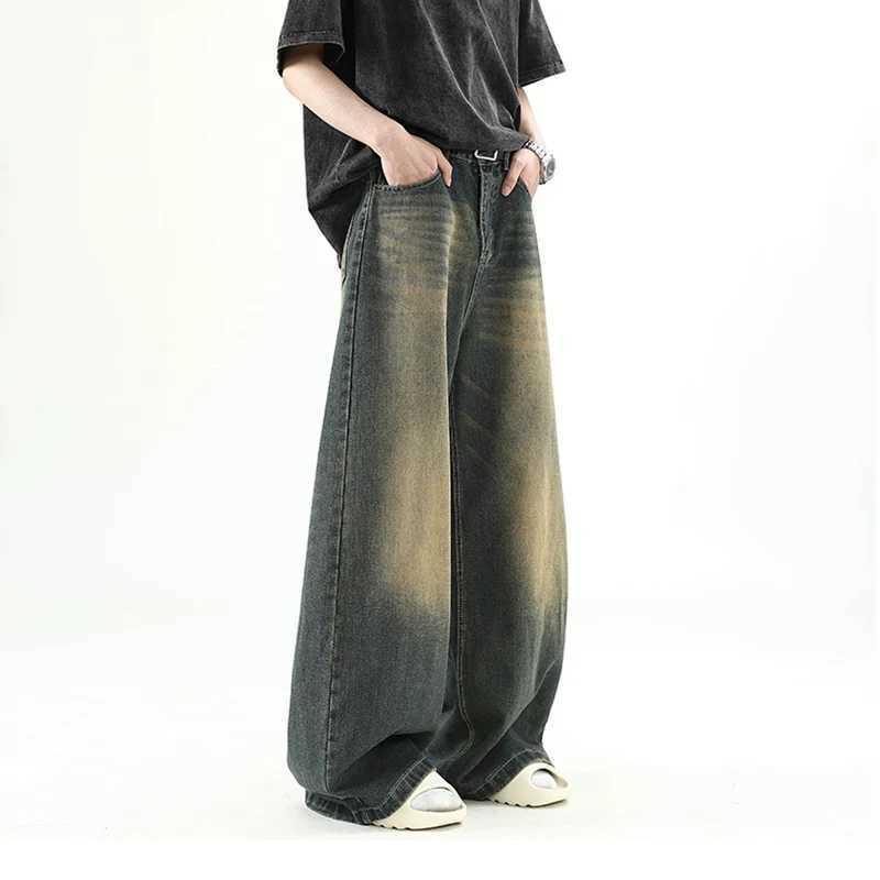 Mens denim pants old blue washed mens jeans straight jeans casual mens clothing loose wide legs Trousers new fashion Korean street denimT250319