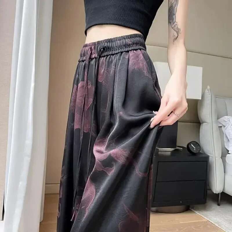 Chinese Style Vintage Printing Wide Leg Summer Loose All-Match Elastic Straight Women Drawstring High Waist Pants