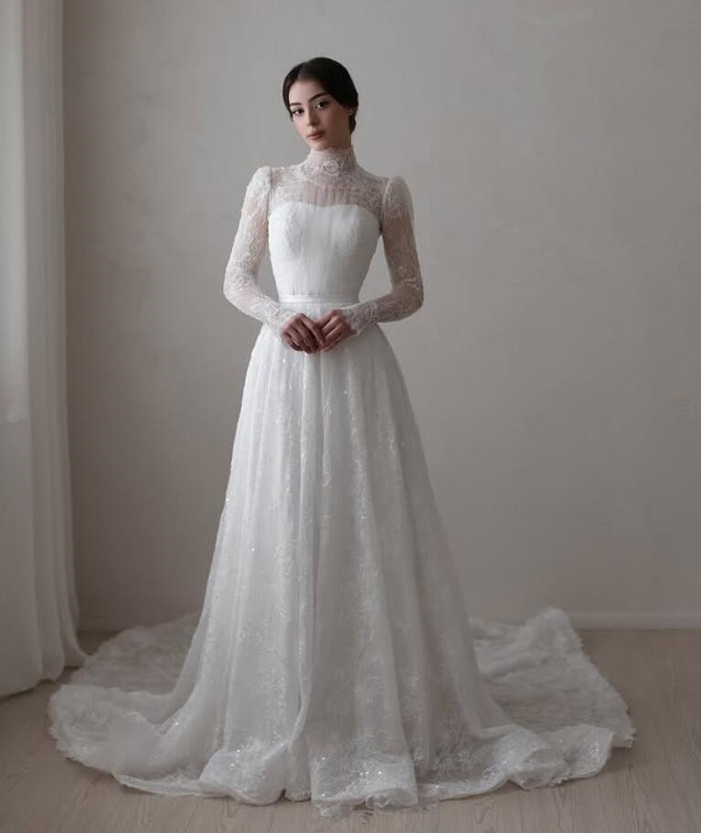 2025 Modern Princess Muslim Wedding Dresses High Neck Full Lace Applique Buttons Back Customsized Bride Wear Wedding Gown
