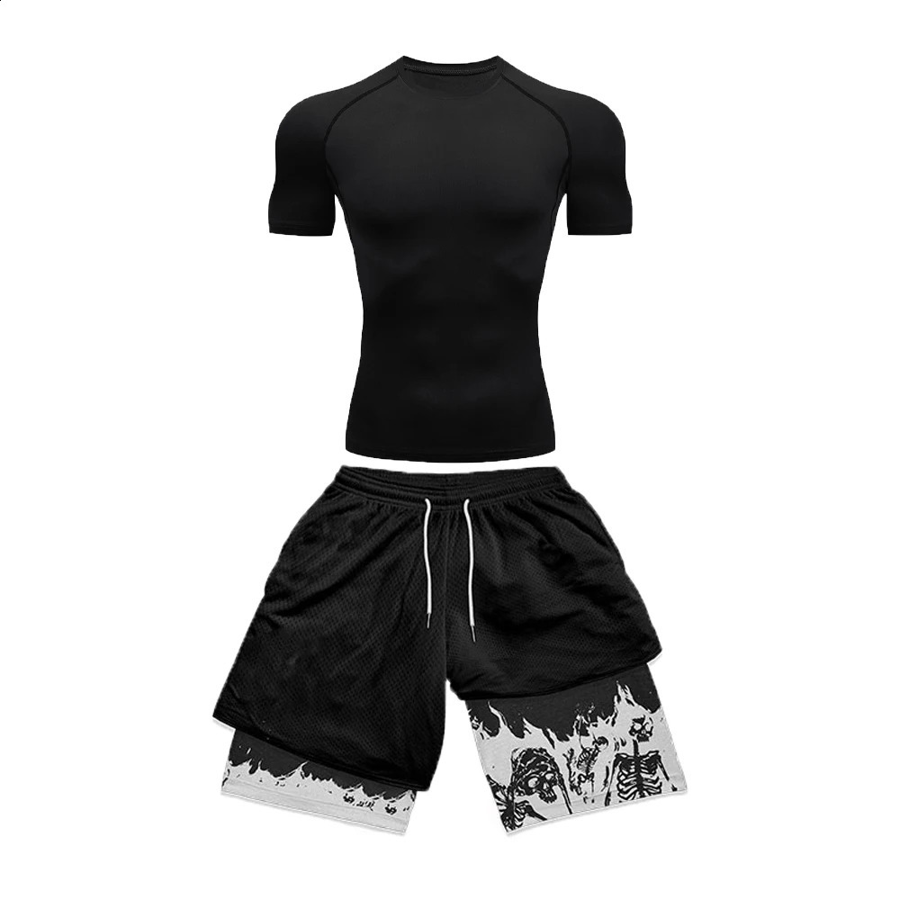 Mens Compression Suit Sports Fitness Quick Drying Tight Short Sleeved Anime Double Layer Shorts Summer 250319