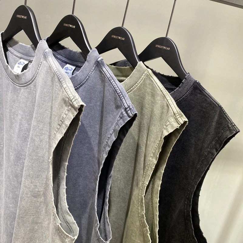 Vintage Streetwear Hip Hop Washed Worn Vest Oversize Casual Sleeveless Tshirt Summer Mens and Womens Waistcoat Top 250319