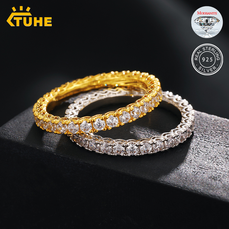 TUHE Unisex 925 Silver Iced Out Ring Moissanite Stone Iced Out Couple Rings Women For Men Hip Hop Jewelry Anniversary Gifts