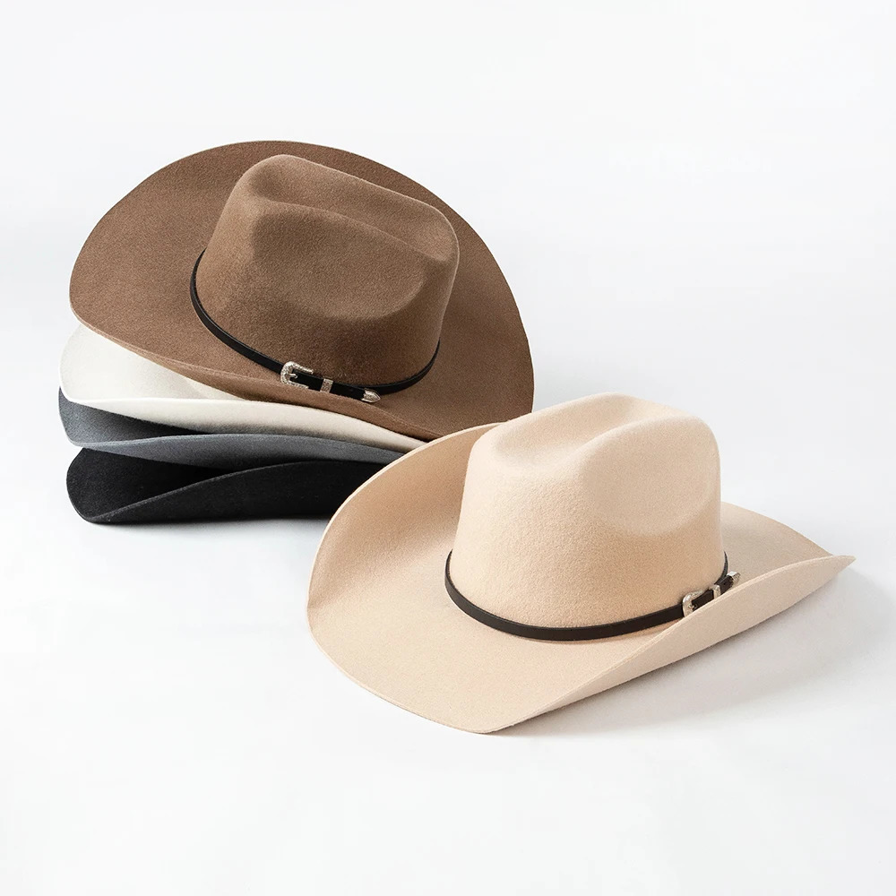 100% Wool Felt Cowboy Hat Unisex Wide Brim Felt Hat with PU Belt 250320
