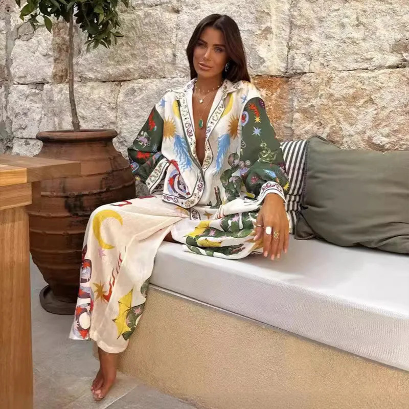Daenerys Res summer boho print long sleeve long pant sets women retro lapel single breasted blouses trousers 2 piece set 250319