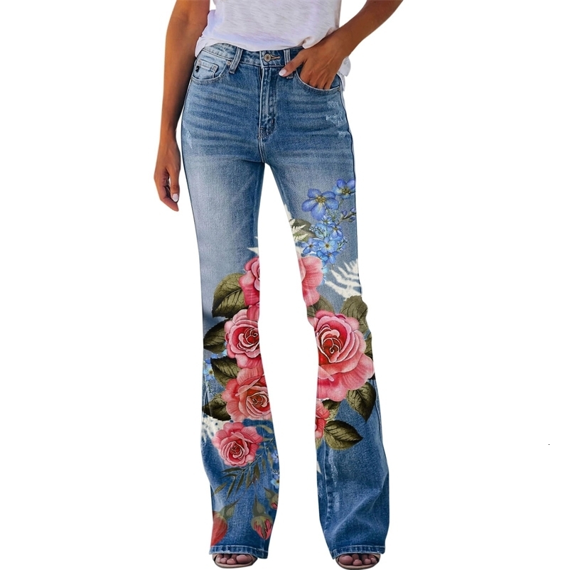 Y2K Ladies Retro Flared Pants Baggy Jeans Women Floral Printed Slim-Fit Denim Trousers Pantalones Streetwear 250319