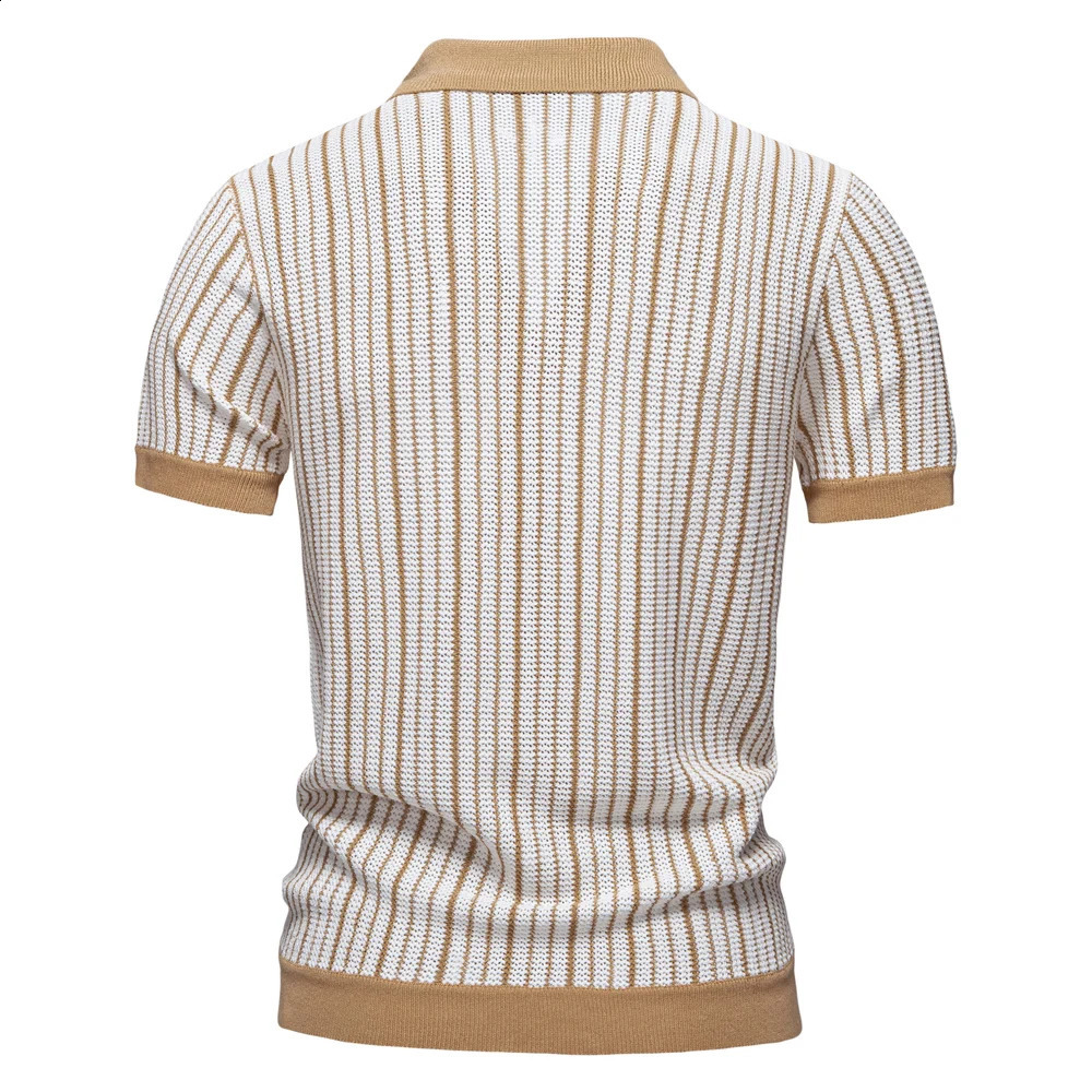 AIOPESON Mens Striped Mesh Polo Shirt - Breathable Contrast Panel Knitted Top with Collar 250317