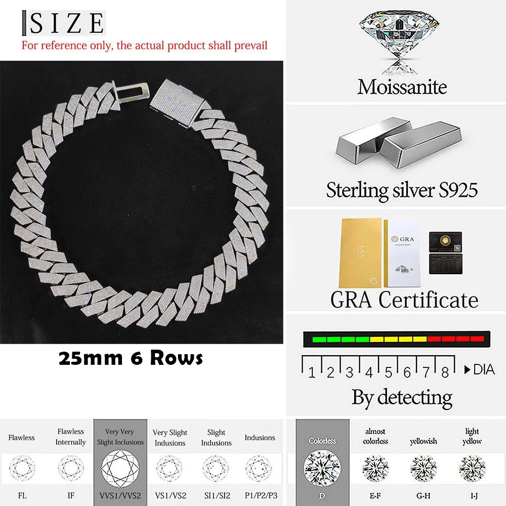 25MM Hip Hop Jewelry Iced Out 925 Sterling Silver VVS Necklace Inlaid 6 Rows Moissanite Diamond Miami Cuban Link Chain For Men