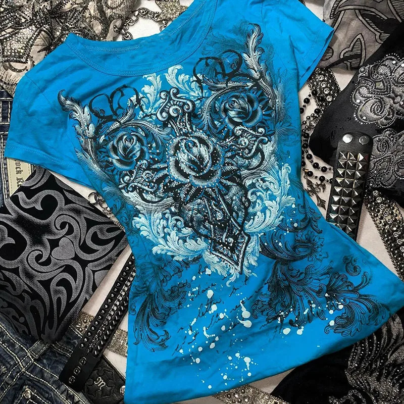 Womens Y2k Grunge T-Shirts 2000s Vinage Rhinestone Print Heart Rose T-Shirt Aesthetics Harajuku Round Neck Tops street fashion 250320
