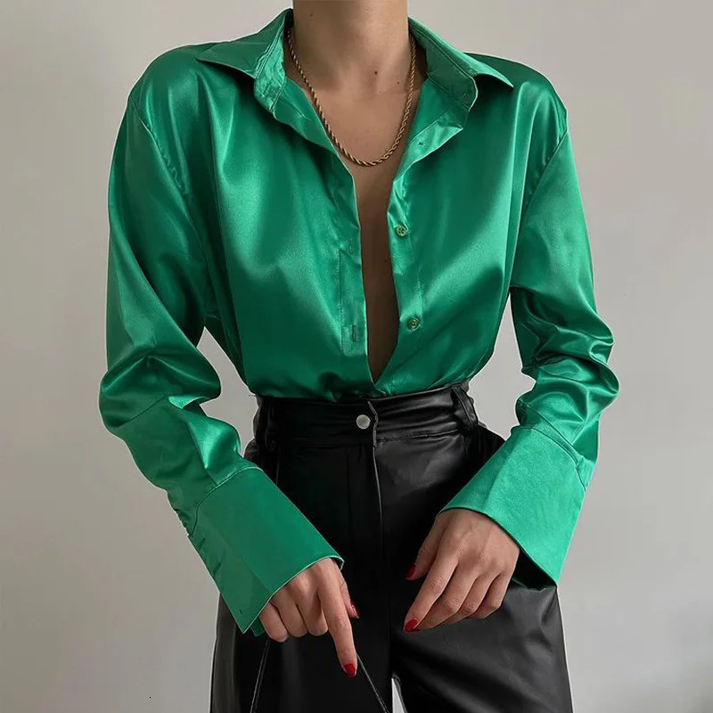 Elegant Satin Shirts Women Fashion Tops Spring Solid Long Sleeve Blouses Vintage Purple Casual Loose Buttons Clothes 18913 250320