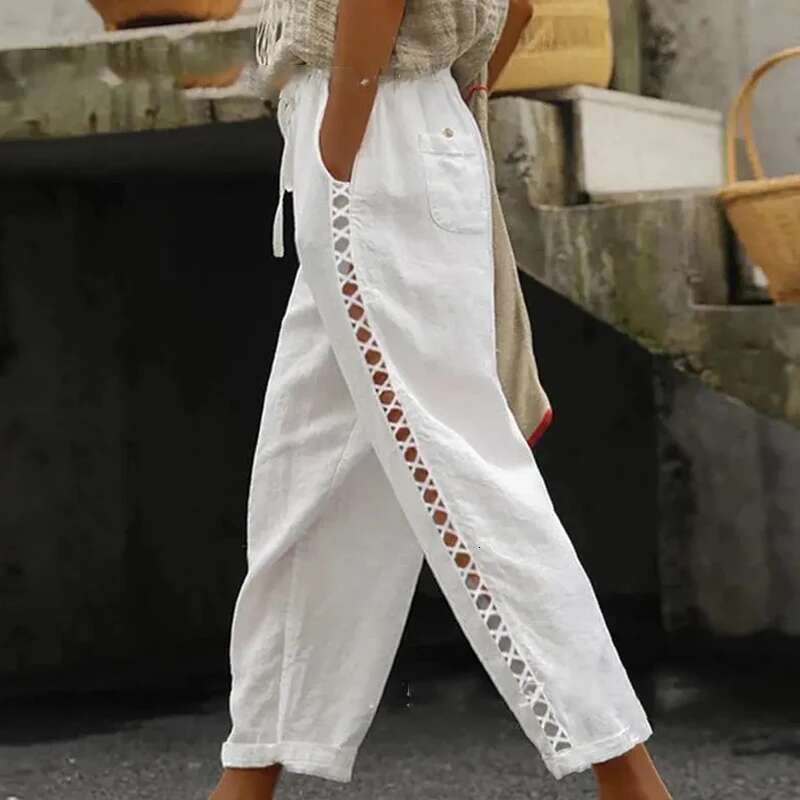 Women Fashion Embroidered Lace Trousers Vintage Lace-Up Pockets Summer Elegant Loose Elastic Waist Long Pants Streetwears