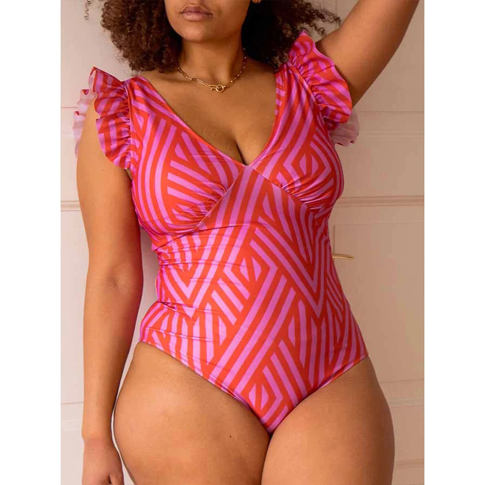 Deep V Open Ruffle Integrated Swimsuit Fashion Color Printed Bikini Ultra Thin High Waist Seamless Stickers w250313