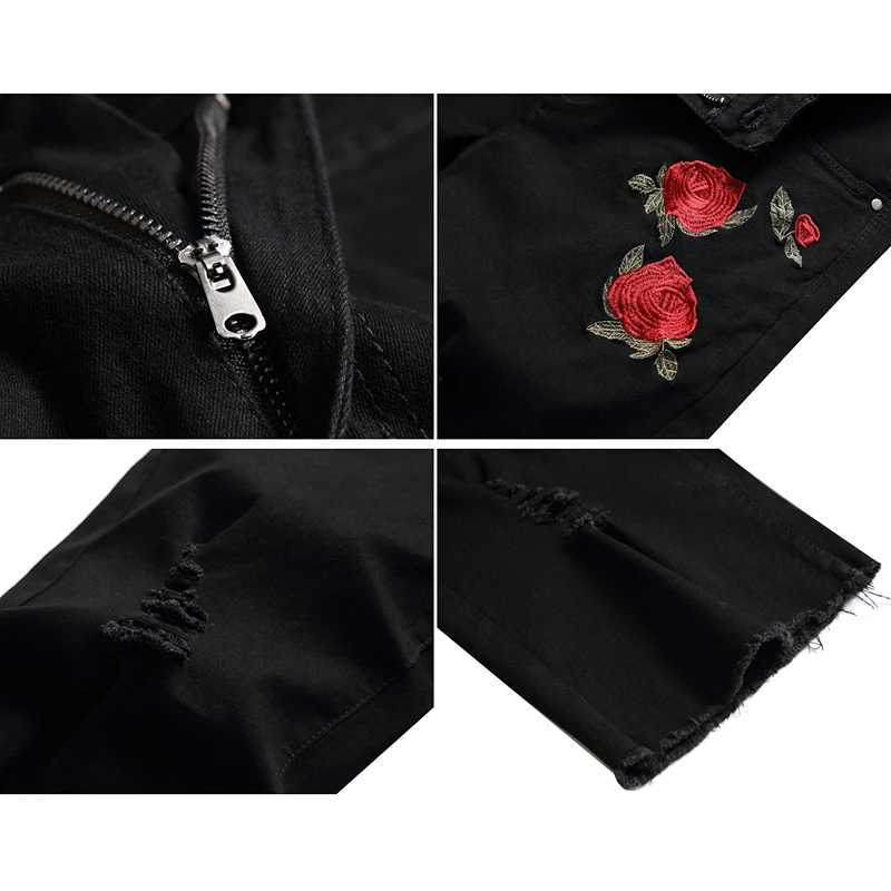 Summer red rose embroidered denim shorts mens fashionable casual shorts black blue white mens torn and worn denim shorts W250319