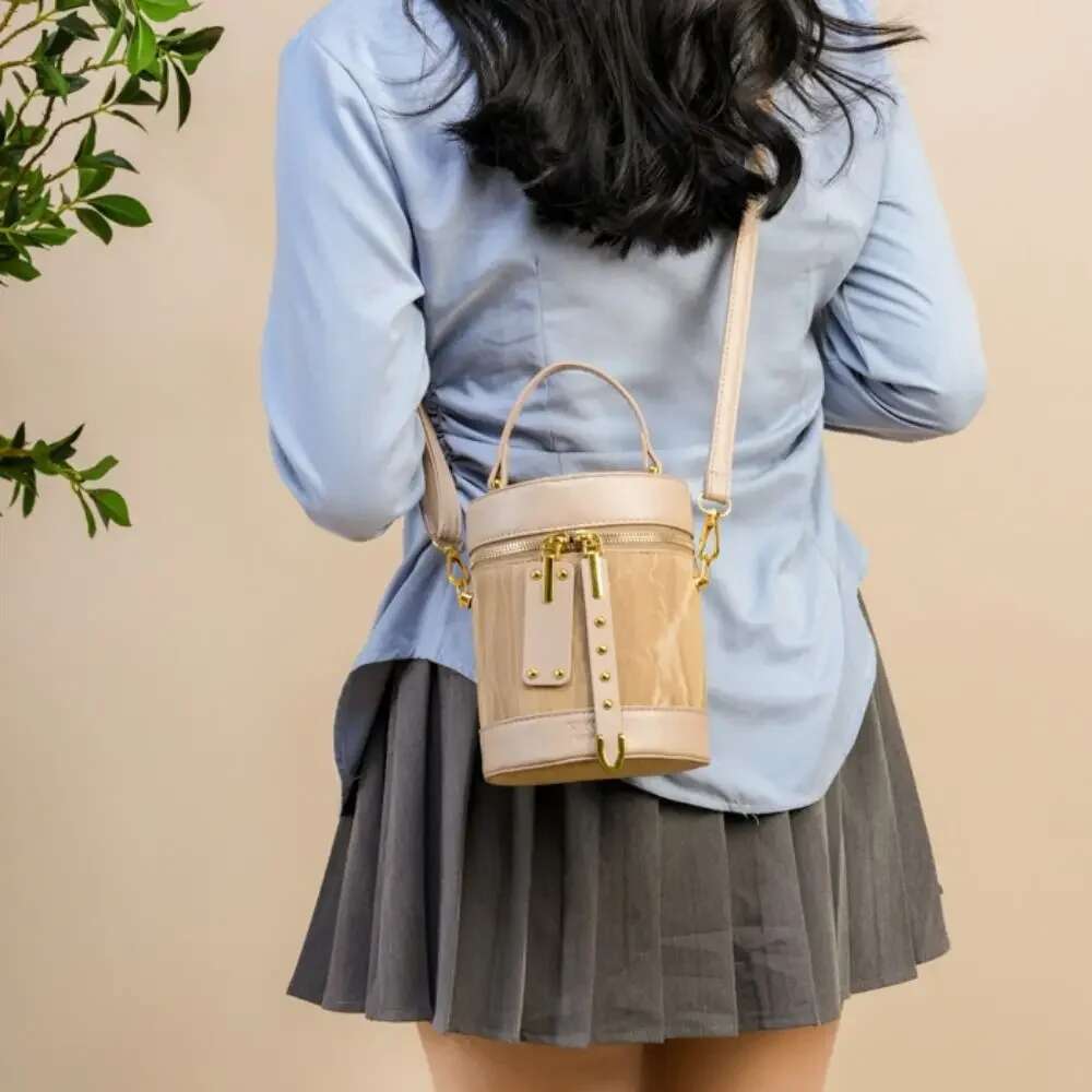 Trendy Pu Leather Women Bucket Vintage Handbag Cyder Crossbody Solid Color Shoulder Bag Travel